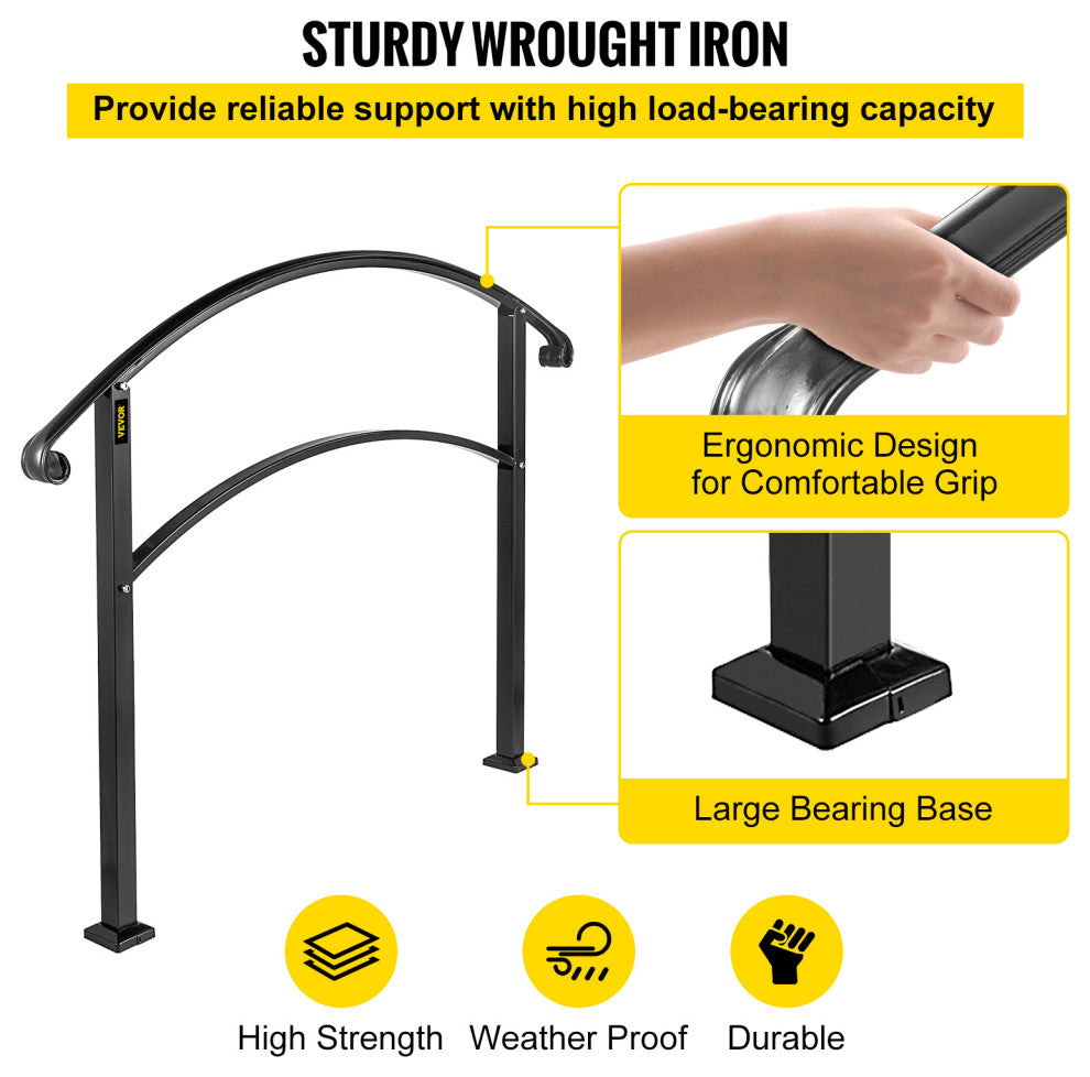 VEVOR Handrails for Outdoor Steps 1 to 3 Steps Stair Railing, Black, 3 Ft