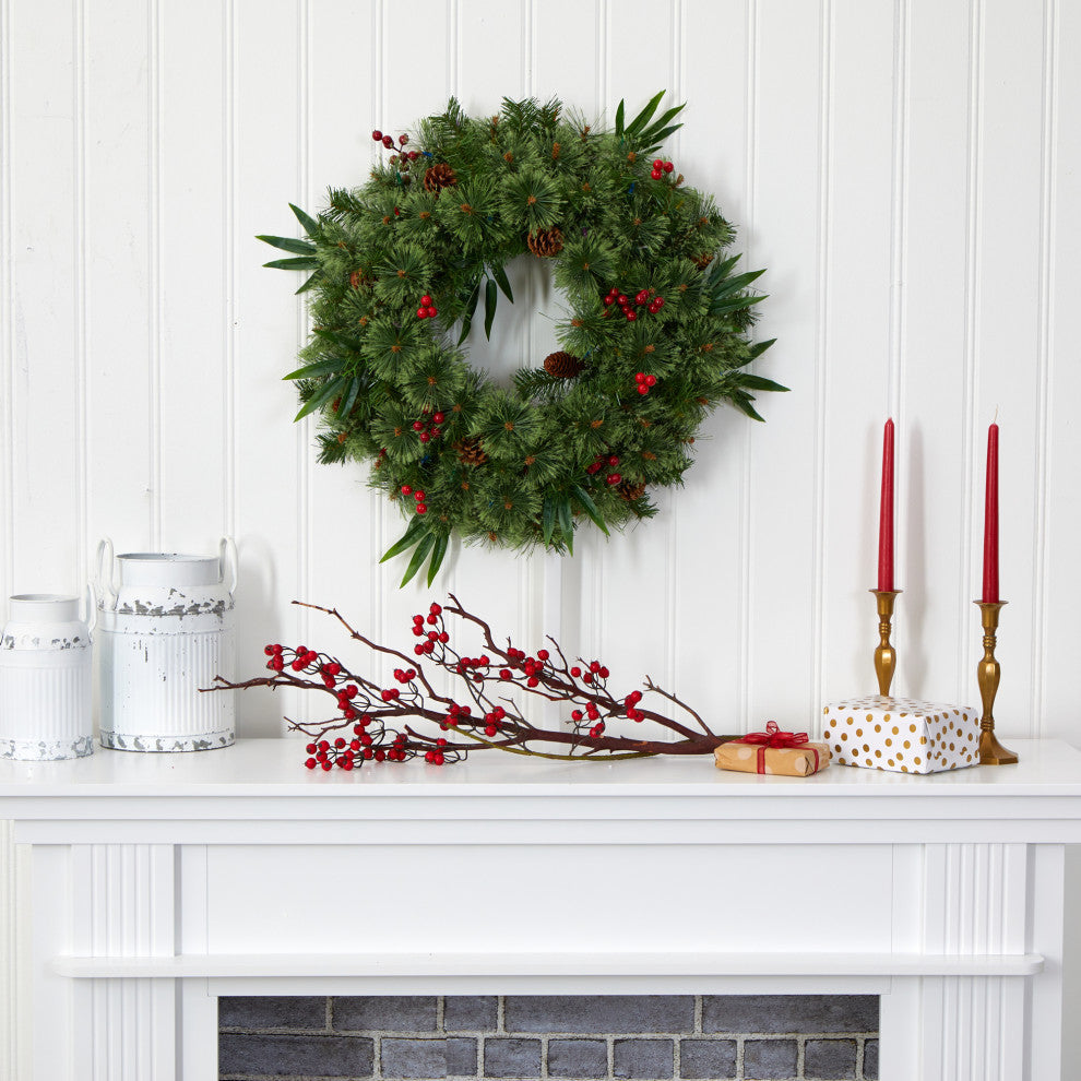 24ï¿½ Mixed Pine Christmas Wreath / 50 Multicolored LED Lights Berries and Pine