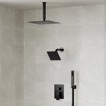Dual Heads 3-Functions Shower System With Pressure Balancing Rough-In Valve, Matte Black