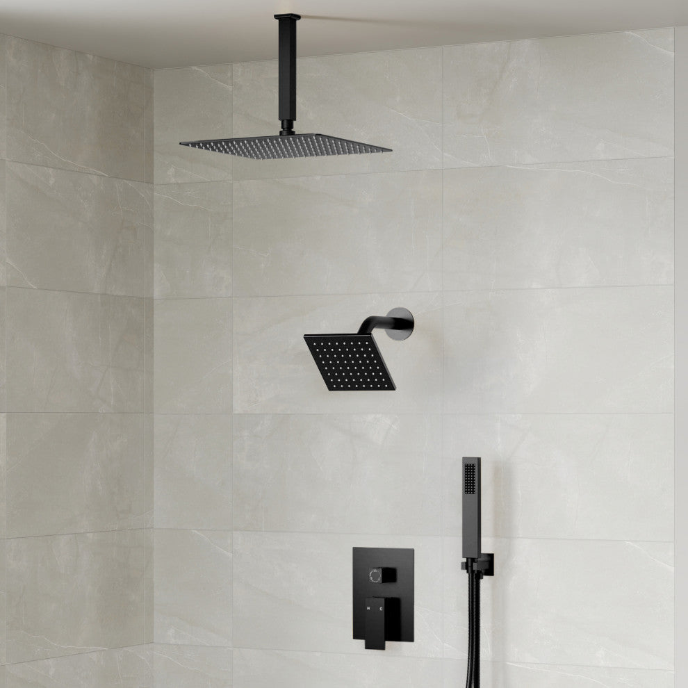 Dual Heads 3-Functions Shower System With Pressure Balancing Rough-In Valve, Matte Black