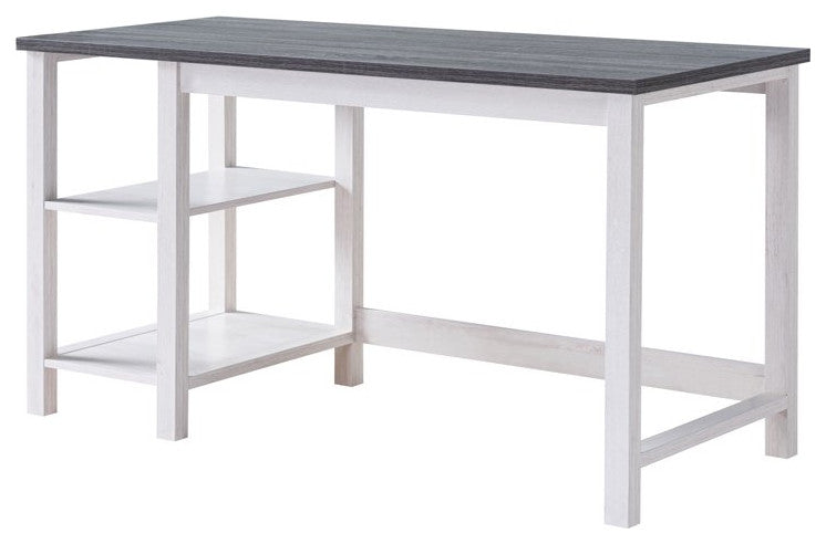 Farmhouse Desk, Wooden Legs With Rectangular Top & Open Comparments, White/Oak
