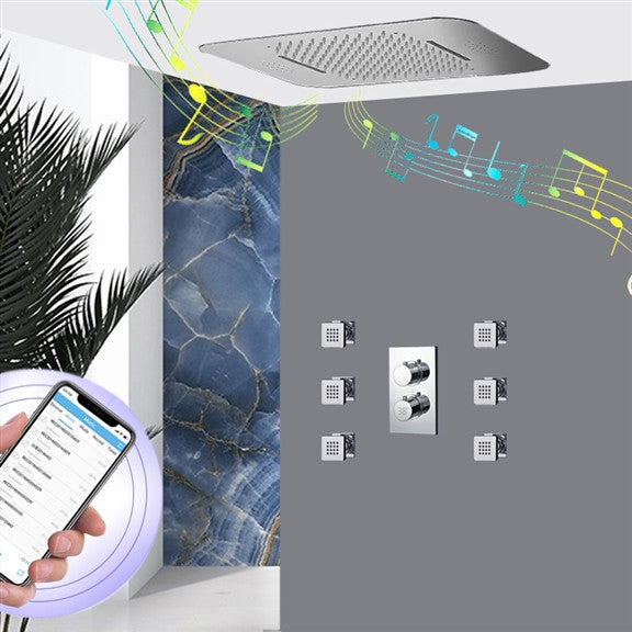 LED 20*14" Digital Remote Controlled Rainfall Shower System, 6 Body Jets, Chrome