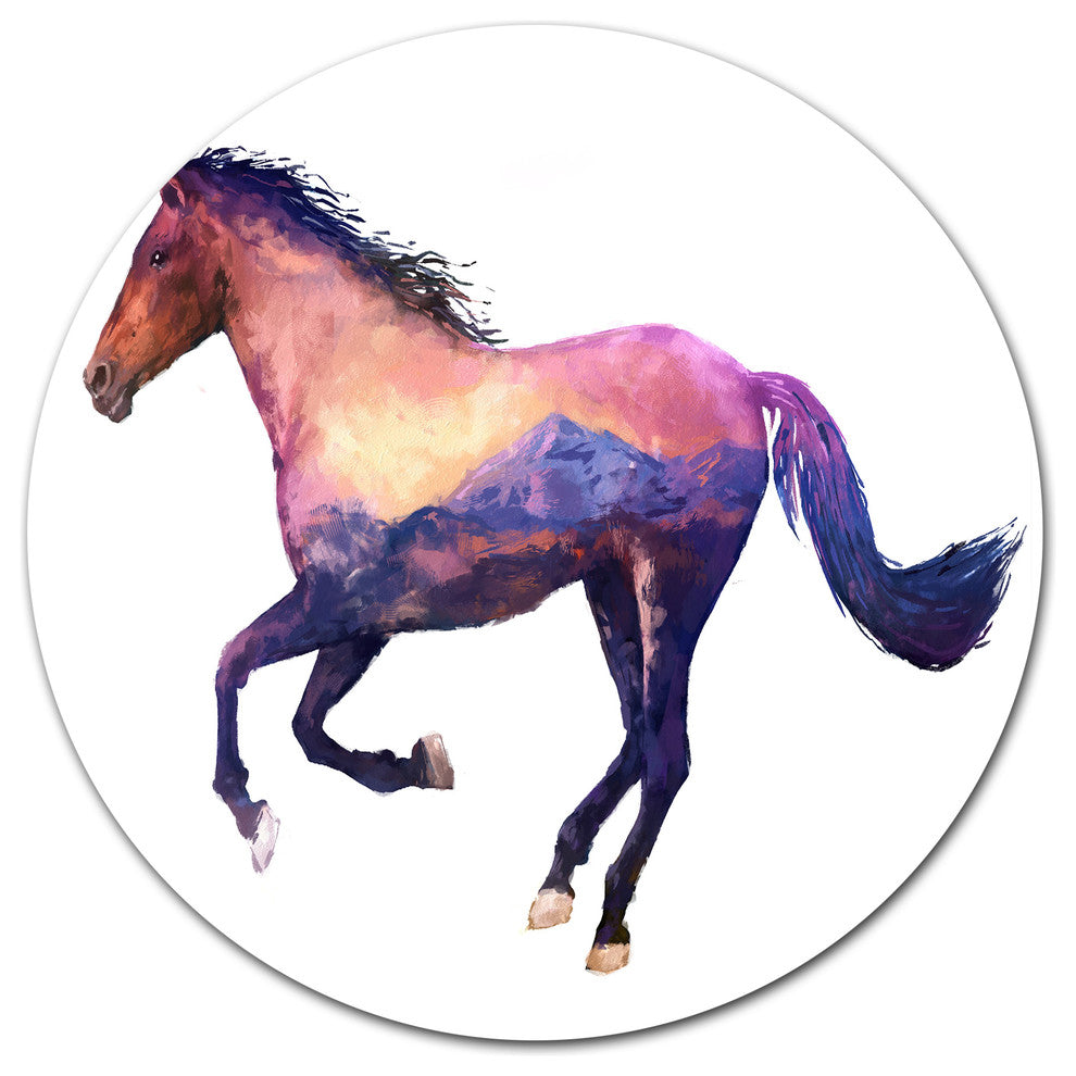 Horse Double Exposure Illustration, Animal Round Metal Wall Art, 23"