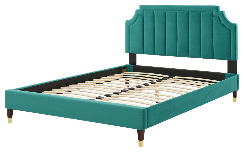 Platform Bed Frame, King Size, Velvet, Teal Blue, Modern Contemporary, Bedroom