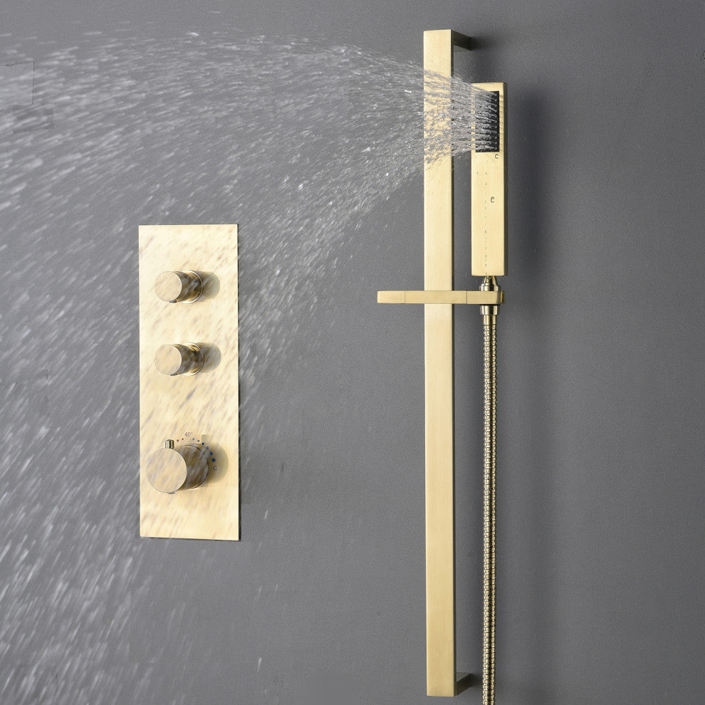 Thermostatic Rain Shower System with Hand Shower-Includes Rough-in Valve, Brushed Gold