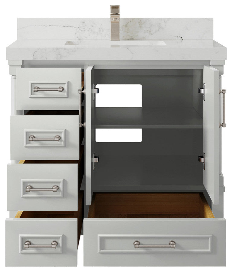 Aberdeen 36 Center Sink Bath Vanity in Coventry Gray 2" Calacatta Nuvo