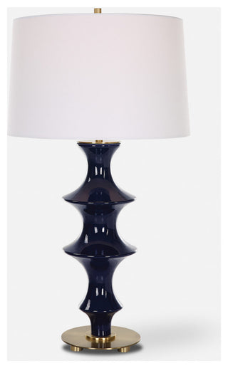 Modern Ridged Cobalt Blue Ceramic Table Lamp 29 in Fluted Chinoiserie Style