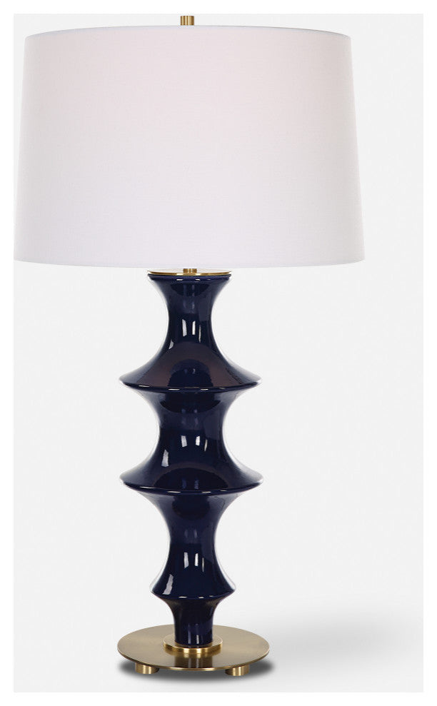 Modern Ridged Cobalt Blue Ceramic Table Lamp 29 in Fluted Chinoiserie Style