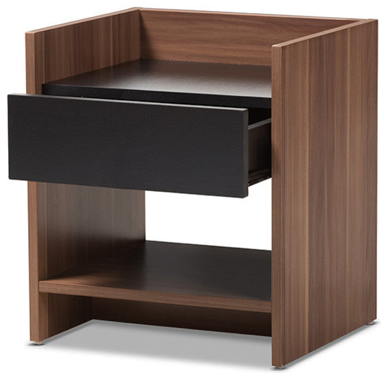 Vanda Modern Two-Tone Walnut and Black Wood 1-Drawer Nightstand