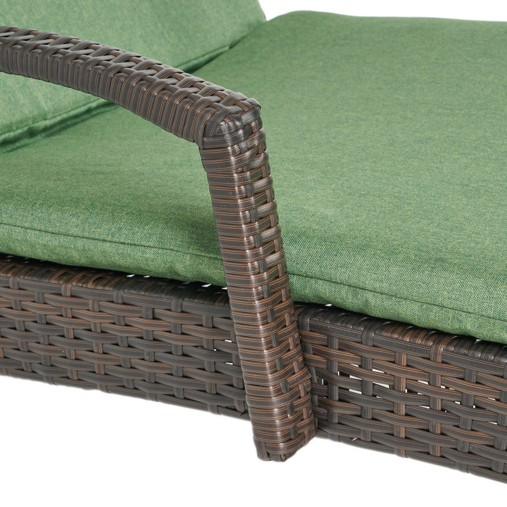 GDF Studio Ann Outdoor Wicker Chaise Lounge With Arms and Cushion, Set of 2, Jungle Green