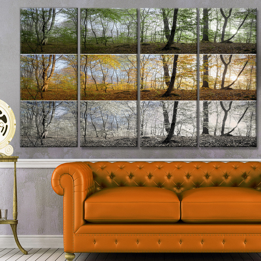 Three Seasons Forest Panorama, Landscape Canvas Art Print, 48"x28", 4 Panels