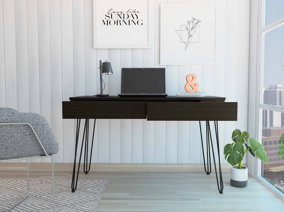 Oakland Writing Desk with 2 Drawers, Hairpin Legs, Black