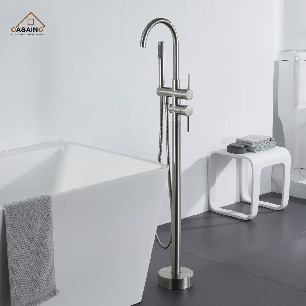 Freestanding Bathtub Faucet Hand Shower Floor-Mount High-arc Tub Faucet 2-Handle