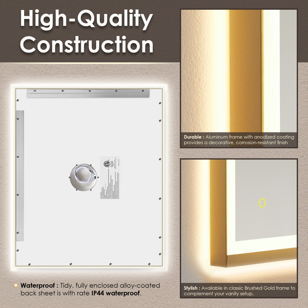 Apollo Anti-Fog Dimmable Vanity, LED Lighted Wall Mirror, Brushed Gold, 36"