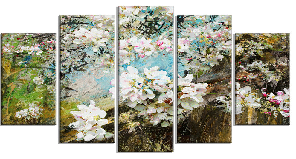 Apple Blossoms With White Flowers, White, Floral Art Wall Art, 60"x32", 5 Panels
