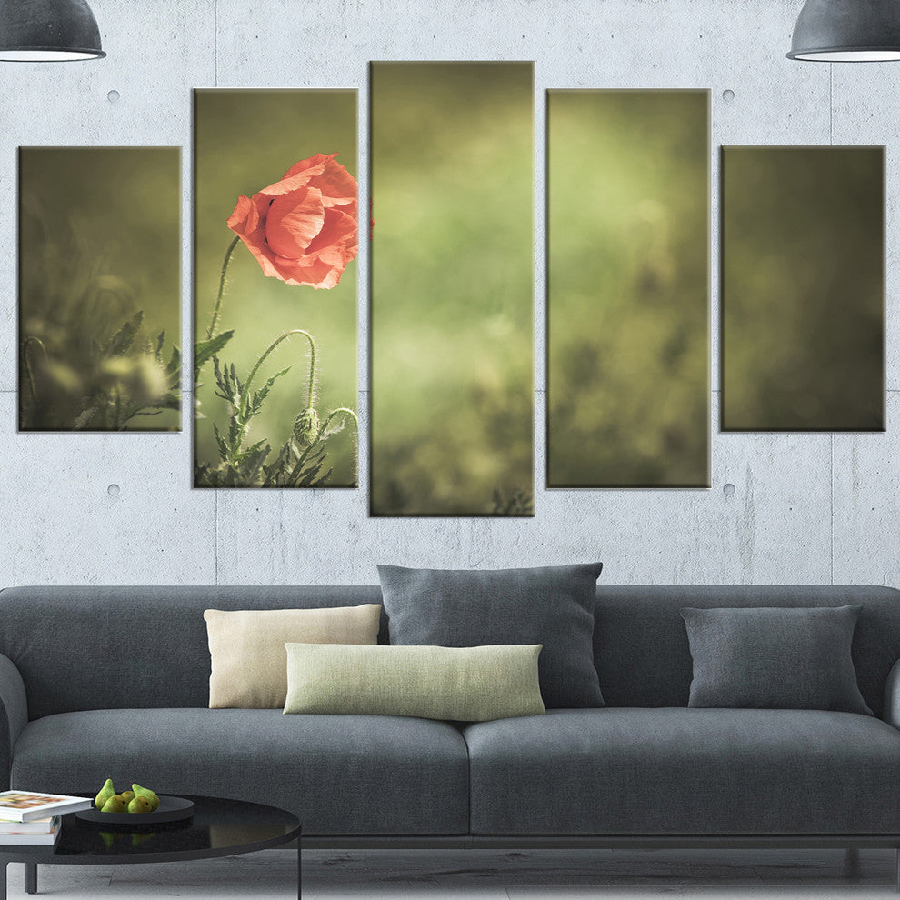 Red Wild Poppy Flower on Green, Floral Canvas Art Print, 60"x32", 5 Panels
