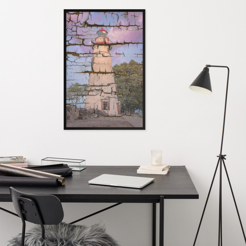 Faux Wood Texture Marblehead Lighthouse at Sunset Framed Photo Wall Art Print, Black, 24" X 36"