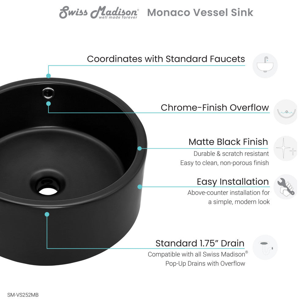 Monaco Round Vessel Sink, Matte Black