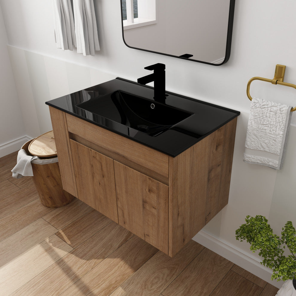 TATEUS Wall-mounted Bathroom Vanity With Ceramic Basin 30", Imitative Oak/Black Ceramic