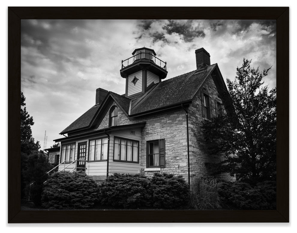 Cedar Point Lighthouse in Black and White Framed Photo Paper Wall Art Prints, Black, 18" X 24"