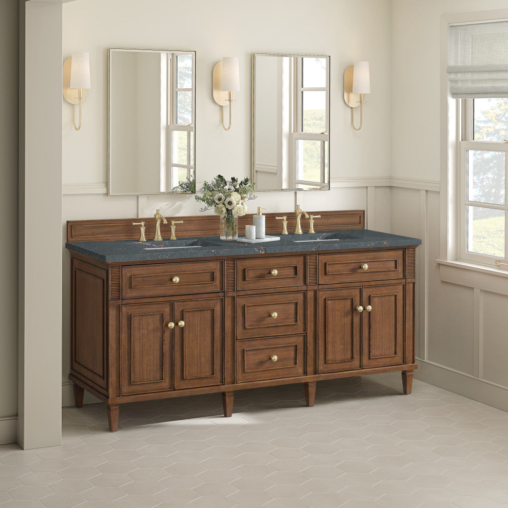 Lorelai 72"Double Vanity, Mid-Century Walnut, 3 CM Parisien Bleu Top