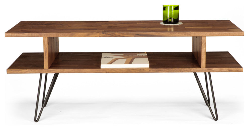 Zuma Modern Coffee Table, Solid Walnut Natural Finish, Black Hairpin Leg