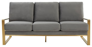 LeisureMod Jefferson Modern Design Velvet Sofa With Gold Frame, Light Gray