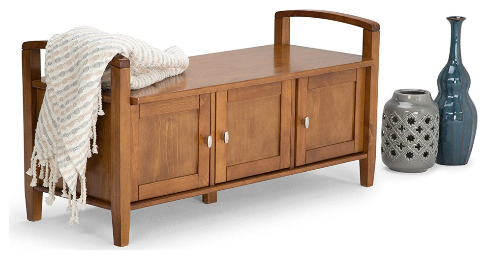 Large Storage Bench, Cabinet Doors With Brushed Nickel Knobs, Light Golden Brown