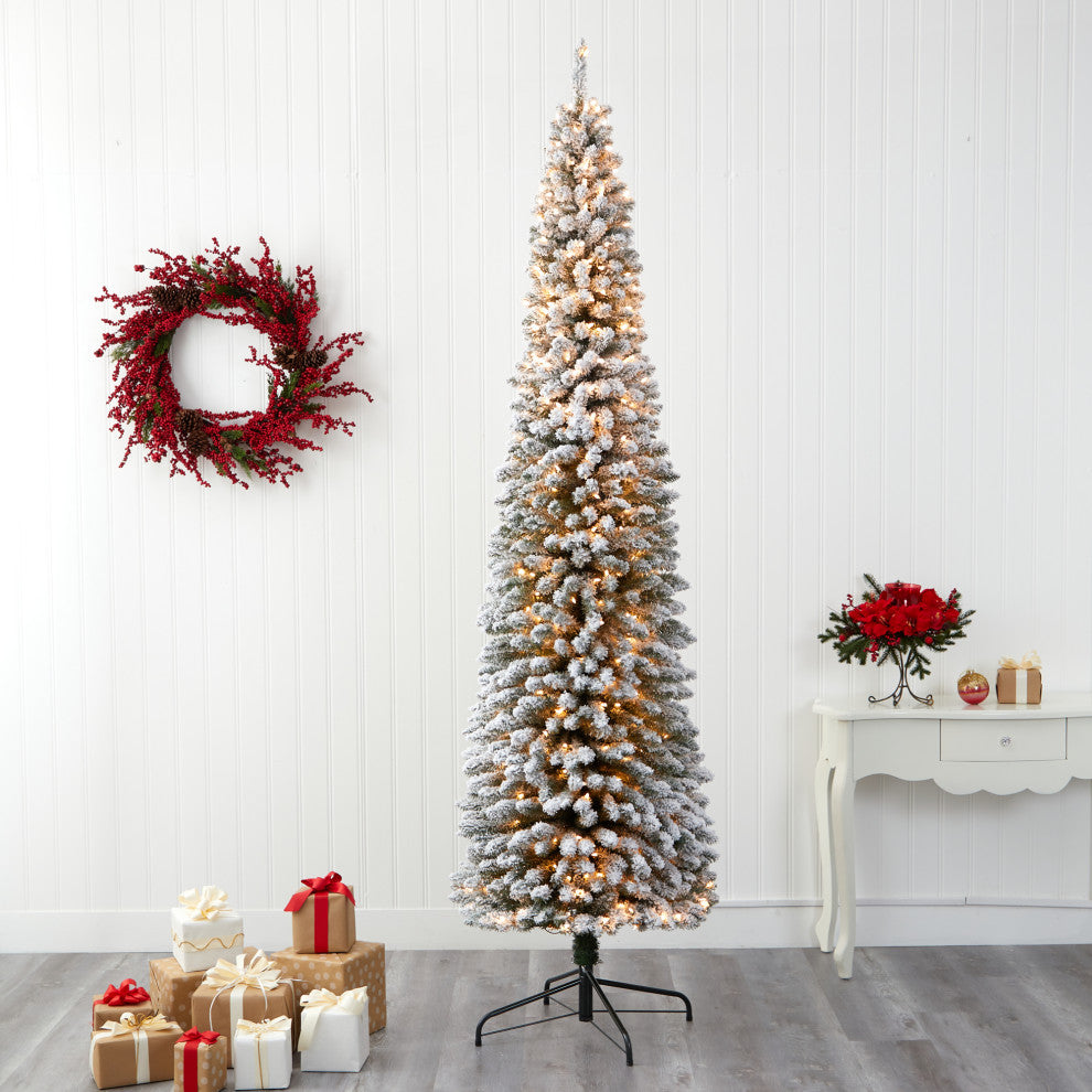 Nearly Natural 9ï¿½ Flocked Pencil Artificial Christmas Tree with 600 Clear Lights