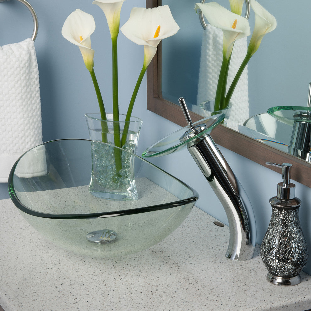 Chiaro Clear Oval Tempered Slipper Glass Vessel Bath Sink and Drain, Chrome