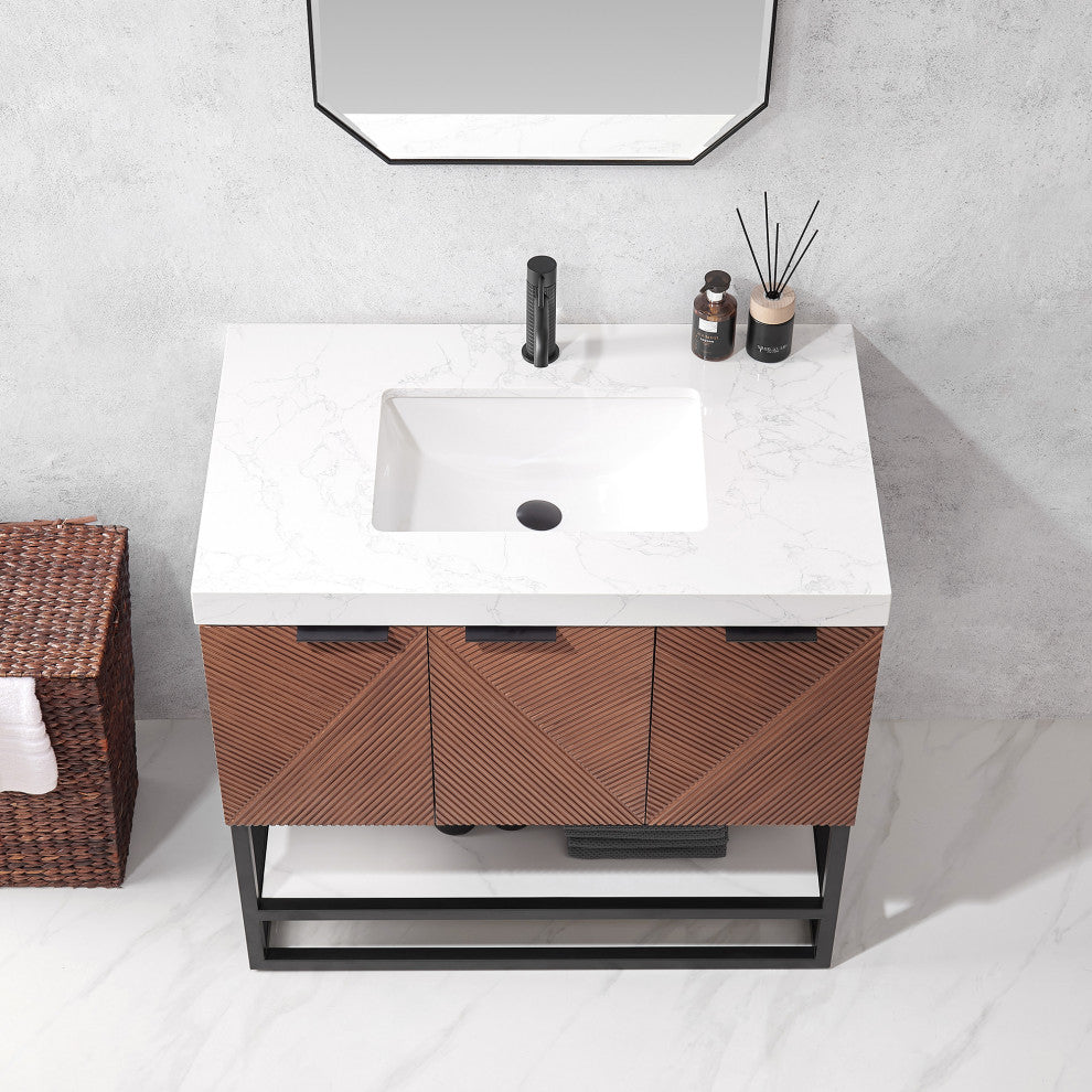 Mahon Bath Vanity, Stone Top, Matte Black Base, 36", Single Vanity, No Mirror