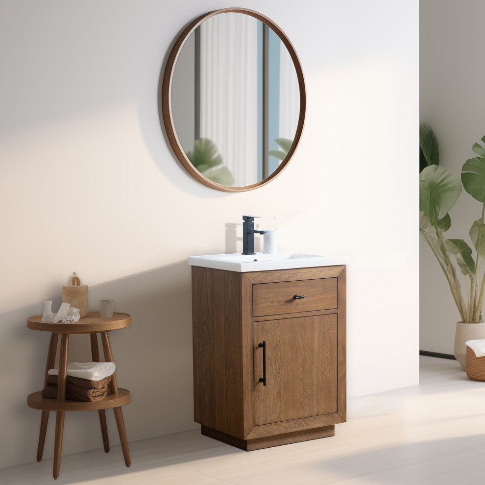 Vanity Art Bathroom Vanity With Sink, Tan, 24" Single, White Ceramic Top