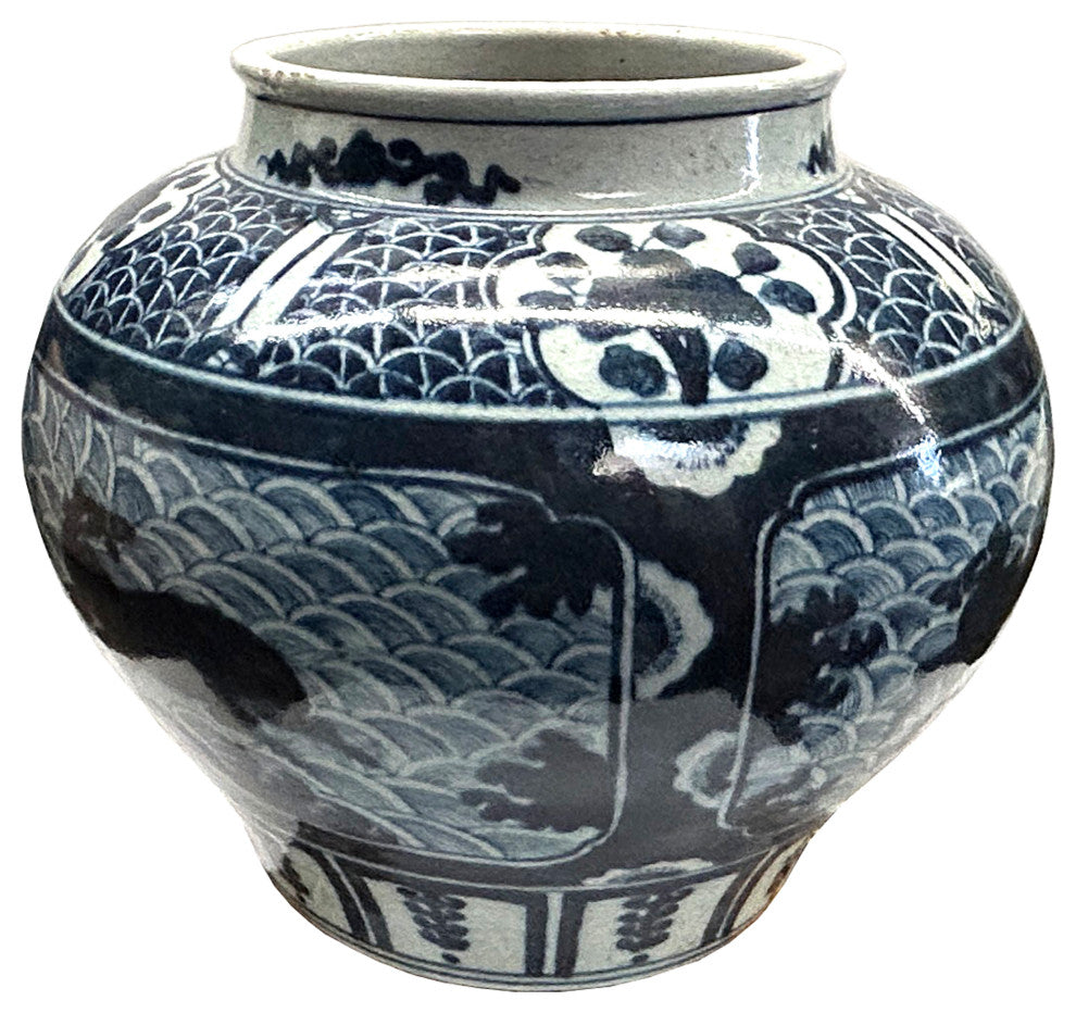Vintage Blue White Mythical Graphic Fat Body Porcelain Vase Jar