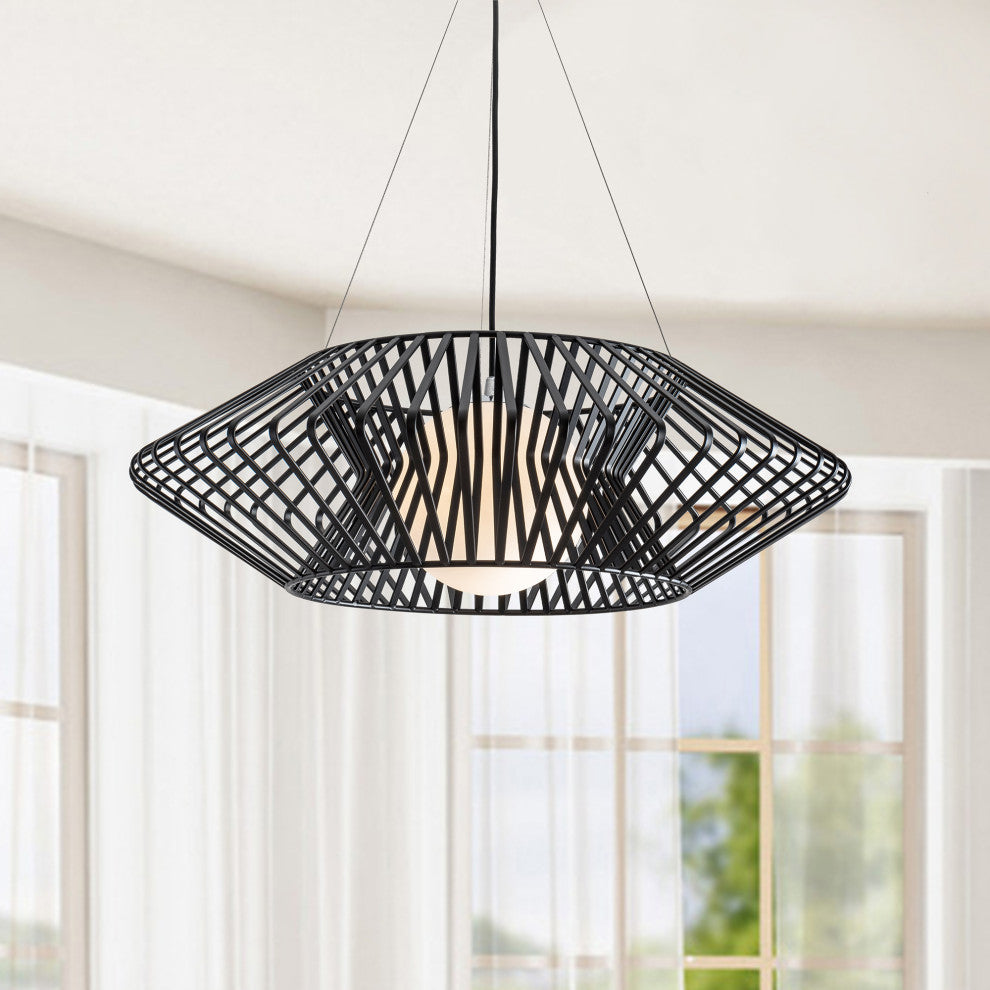 Hebe 1 Light Geometric Metal Glass Shade Pendant Chandelier, Black Finish