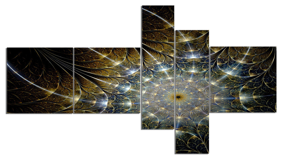 Symmetrical Brown Fractal Flower, Abstract Print On Canvas, 60"x32", 5 panels