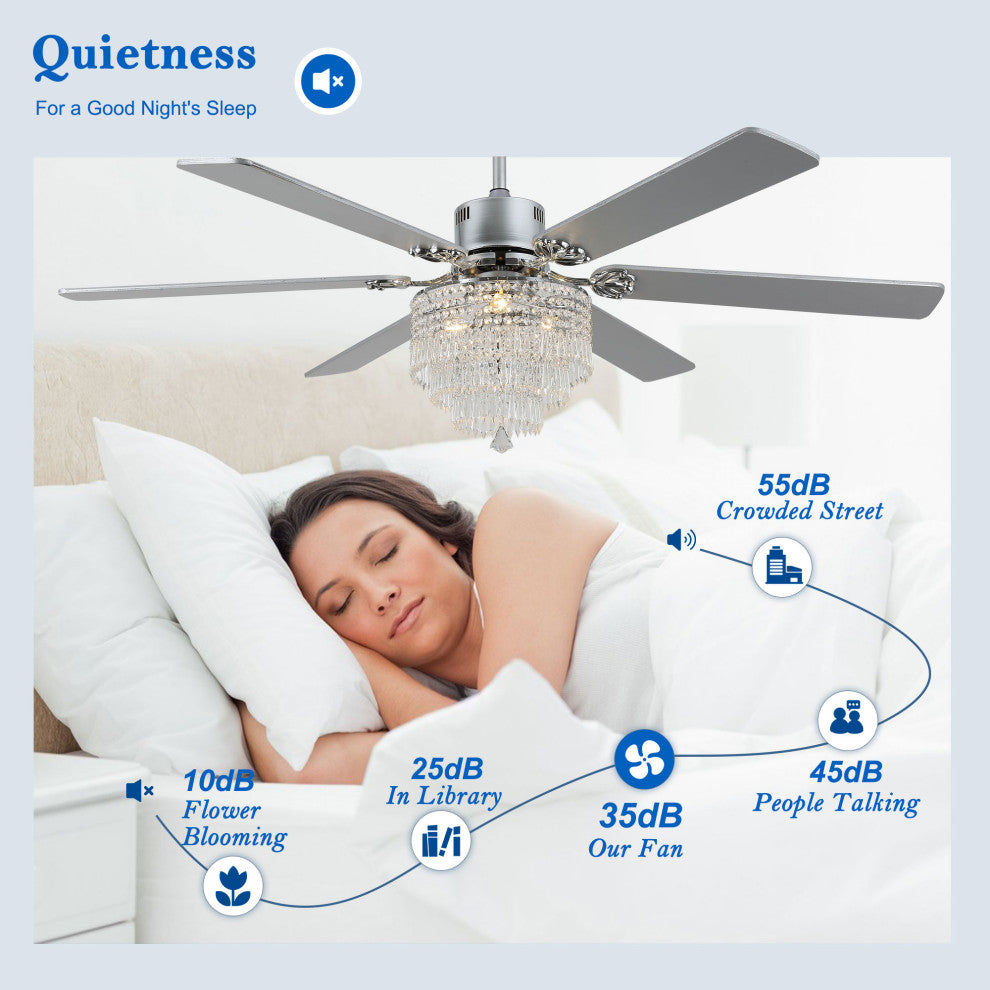 CurveCurio 65" Lagre Ceiling Fan w Crystal Light Shade and Wood Blades, Chrome