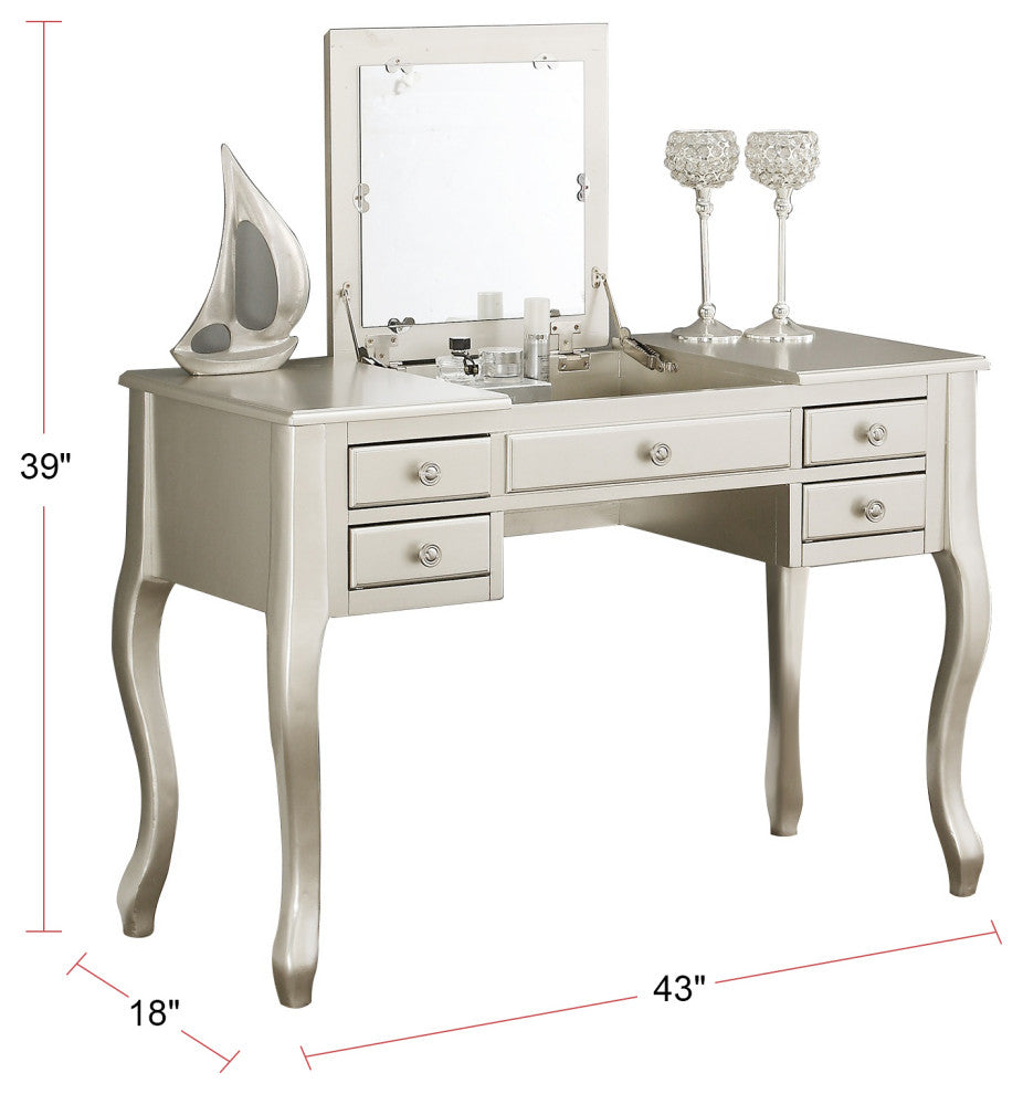 Flip Up Mirror Vanity Set With Stool, Silver