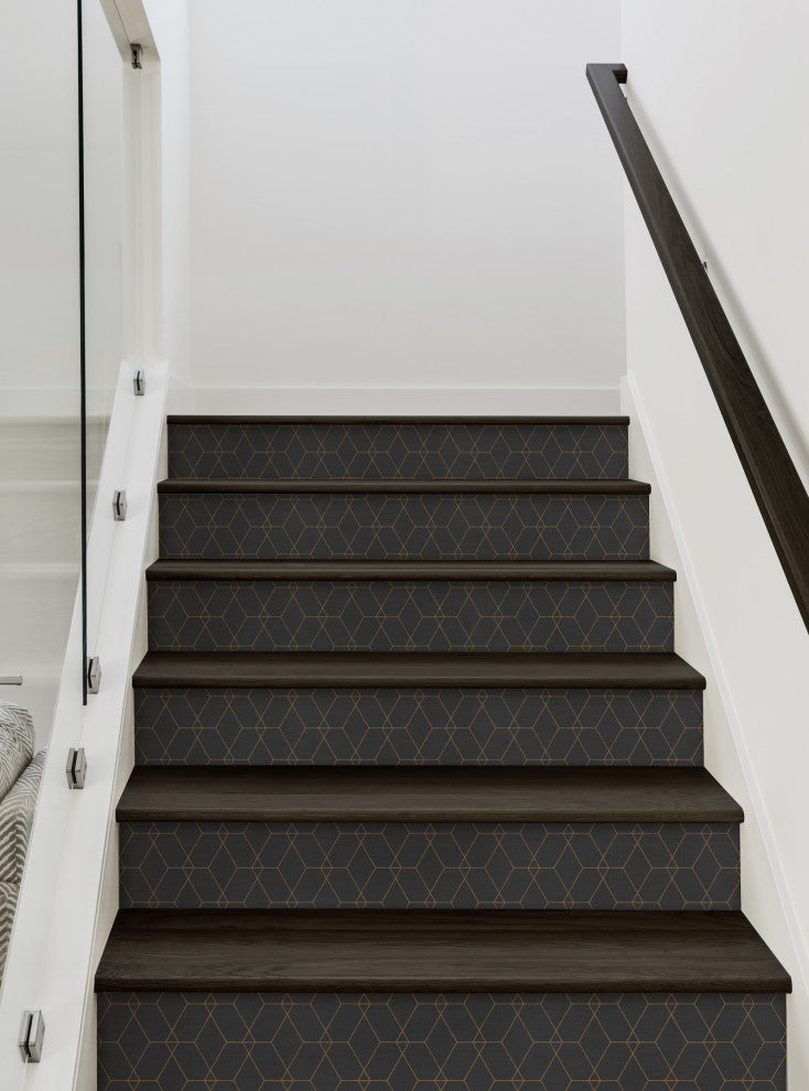 Hexagon Geometric Art Deco Lines Peel and Stick Stair Riser Strips, Ebony, 48"w X 6"h, 6 Pack