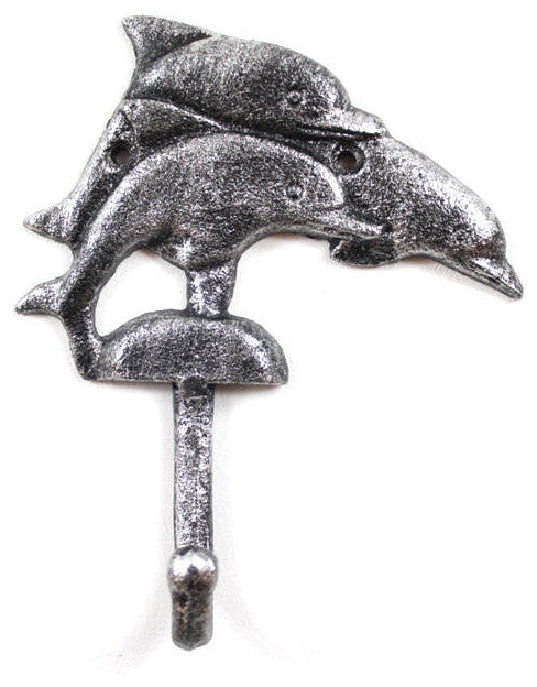 Rustic Silver Cast Iron Dolphins Wall Hook 6"
