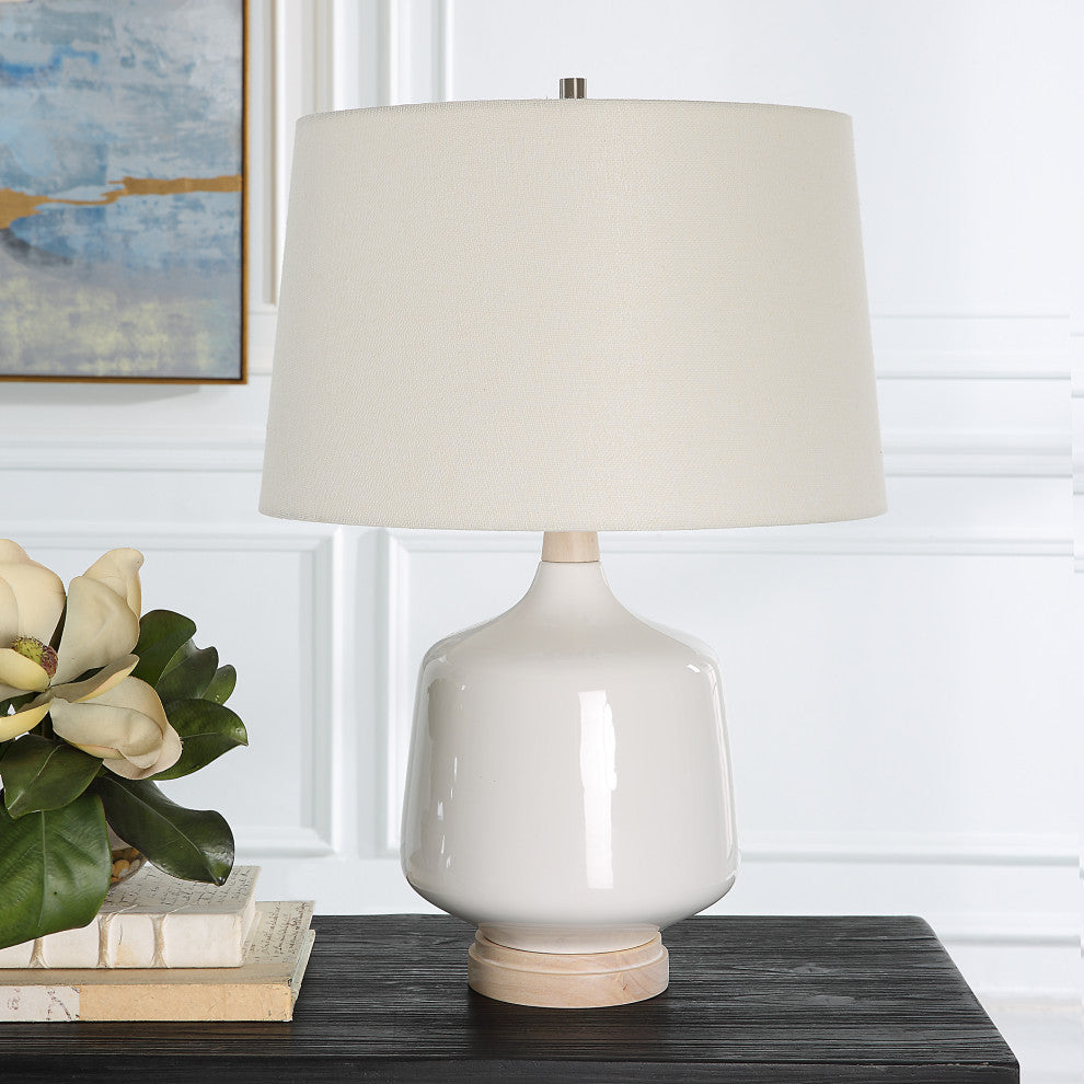High Gloss White Ceramic Table Lamp 25 in Coastal Farmhouse Casual Wood Organic