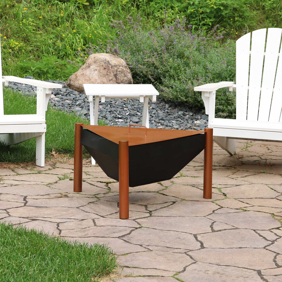 Sunnydaze 31" Fire Pit and Side Table Steel Outdoor Triangle Fire Bowl and Table
