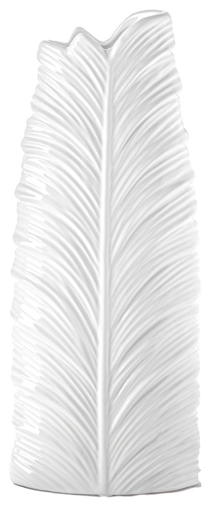 Ceramic Vase with Tropical Leaf Design Body Matte White Finish, Small
