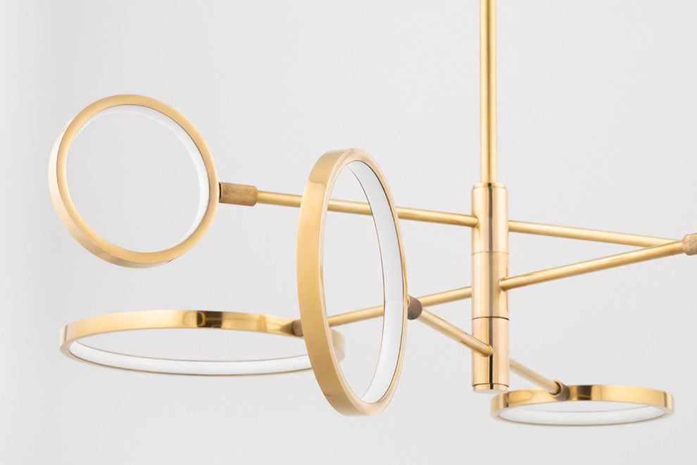Saturn 6-Light LED Chandelier, Aged Brass, Matte White Glass and Metal Shade