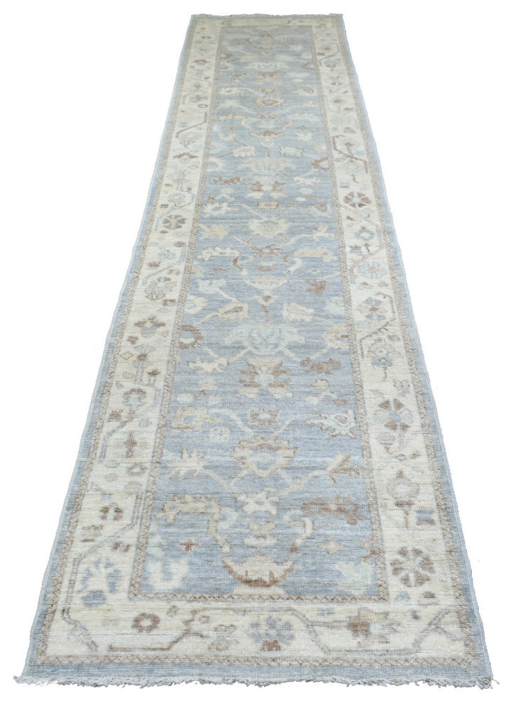 Gray, Afghan Angora Ushak, Pure Wool, Hand Knotted, Runner, Rug, 3'0" x 13'7"
