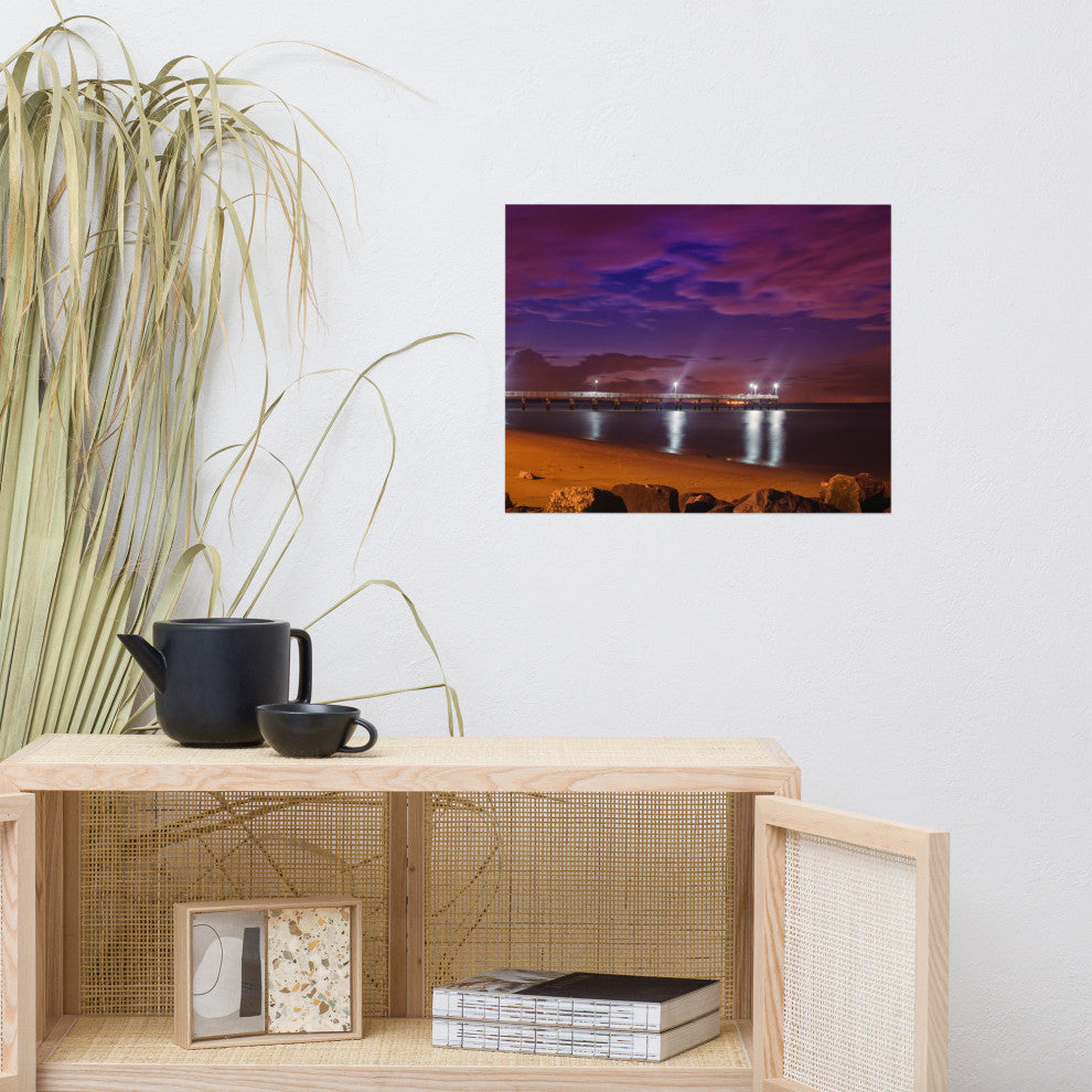 The Pier at Woodland Beach Night Coastal Photo Unframed Wall Art Print, 16" X 20"