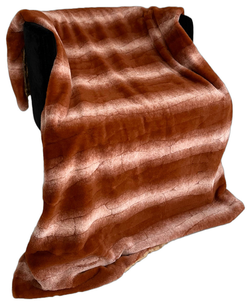 Plutus Orange Brown Furever Faux Fur Throw Blanket, 80"L x 110"W Full