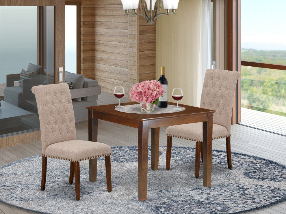 3Pc Dinette Set, Square Table, Two Parson Chairs, Light Fawn Fabric, Mahogany