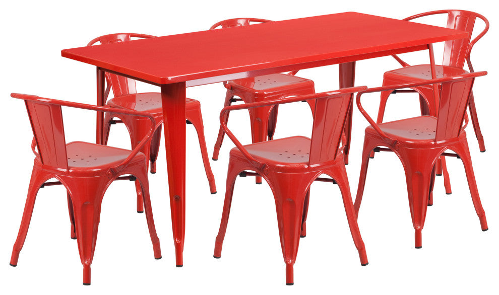 31.5" x 63" Rectangular Red Metal Indoor-Outdoor Table Set with 6 Arm Chairs