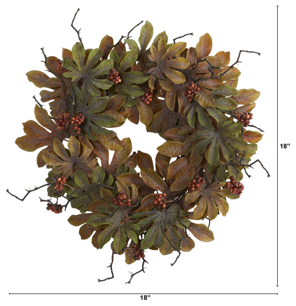 Nearly Natural 24ï¿½ Fatsia with Berries Autumn Artificial Wreath