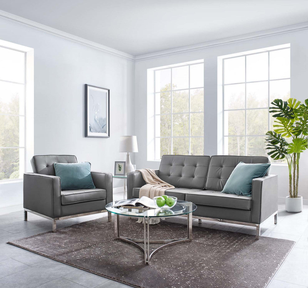 Tufted Armchair and Loveseat Sofa Set, Faux Leather, Silver Gray, Modern